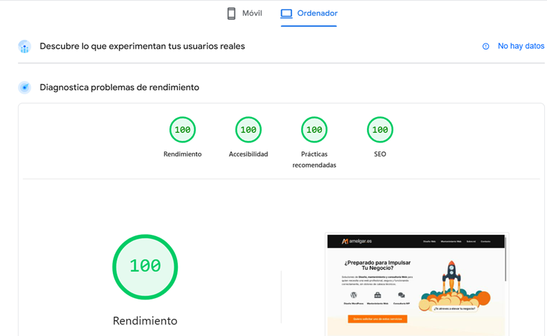 test de velocidad de carga de la web